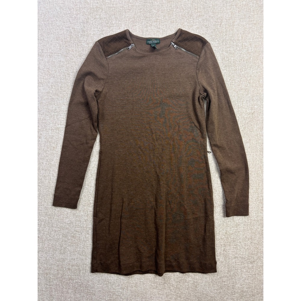 Lauren Ralph Lauren Brown Long Sleeve Knit Dress Quilted Shoulder Zipper Small
